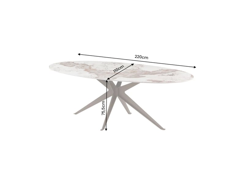  Table de salle à manger avelis ovale 220 cm en céramique effet marbre blanc et métal bronze  - Conforama C