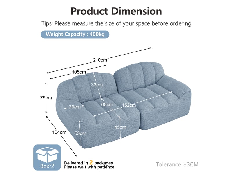 Canapé modulaire d'angle sans montage avec assise large et dossier ergonomique en fleece granuleux bleu - Conforama E