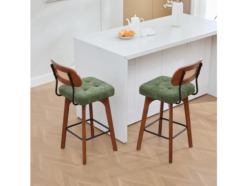  Lot de 2 tabourets de bar pivotants 360° en tissu vert, dossier en paille et assise rembourrée confortable  - Conforama E