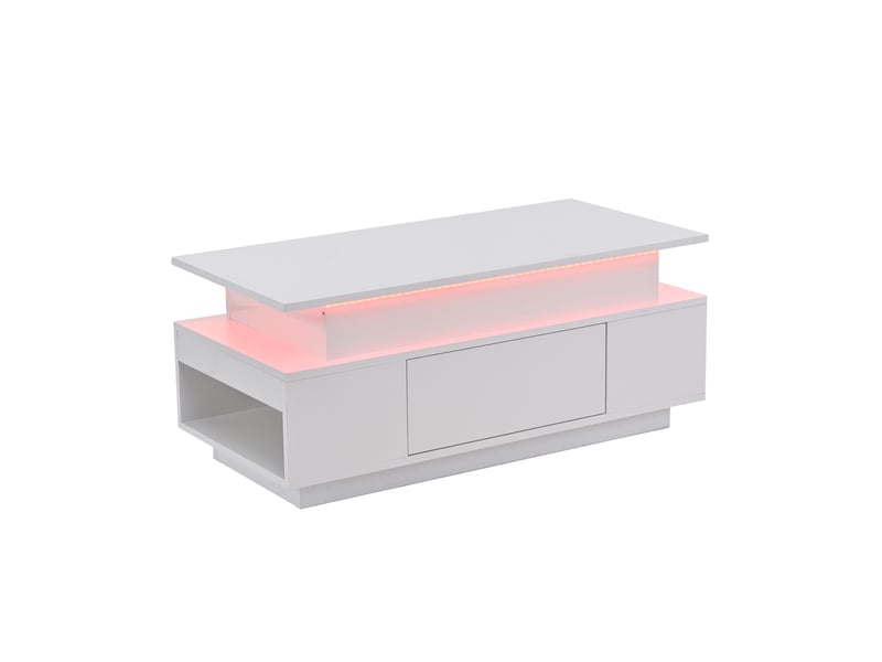  Table basse plateau relevable led avec rangement caché, 96x45x40 cm, bois d'ingénierie, blanc laqué  - Conforama E