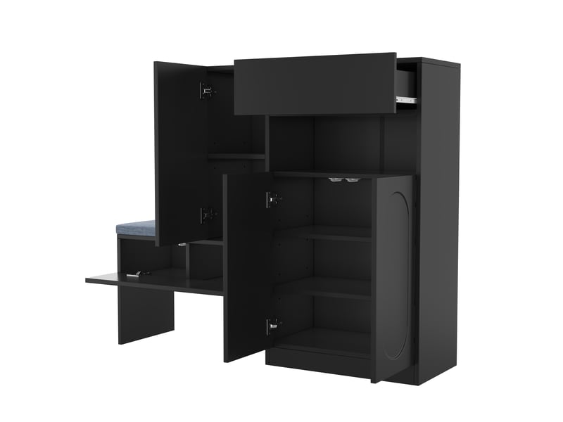 Meuble à chaussures 130x35x110 cm avec banquette rembourrée, abattant Soft-Close et étagères réglables - Noir Fay Lum - Conforama D
