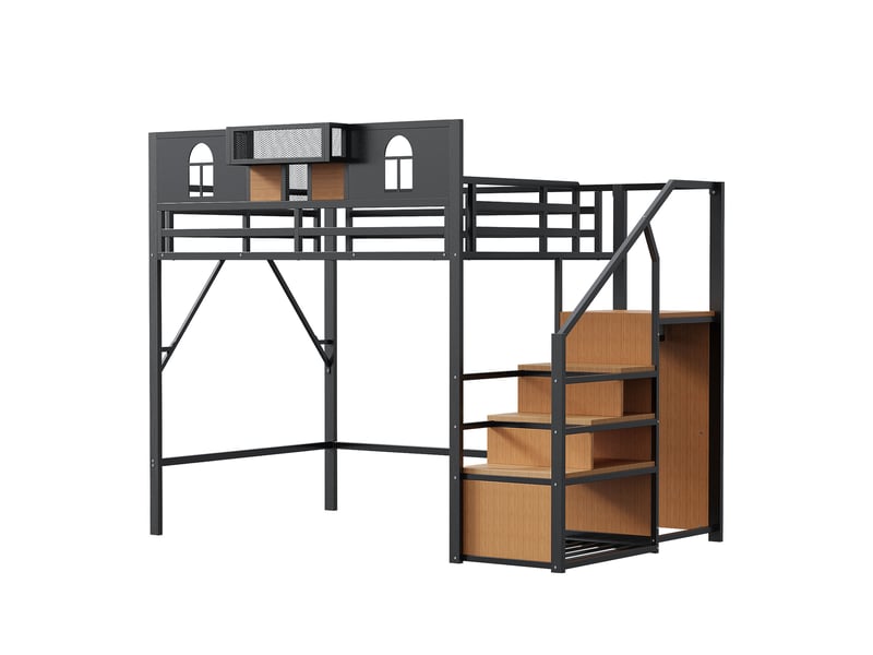  Lit mezzanine 140 x 200 cm, escalier, panneaux avec fenêtres, étagères de rangement, espace libre sous le lit, pour la chambre, métal, noir ABC - Conforama A