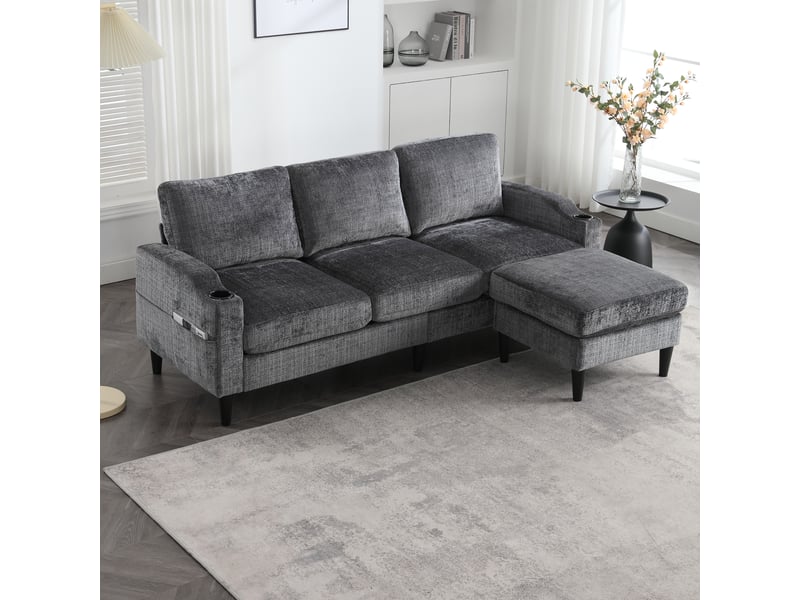  Canapé 4 places avec pouf gris contemporain - rangement, chenille douce, porte-gobelets  - Conforama B