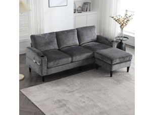 Canapé 4 places avec pouf gris contemporain - rangement, chenille douce, porte-gobelets