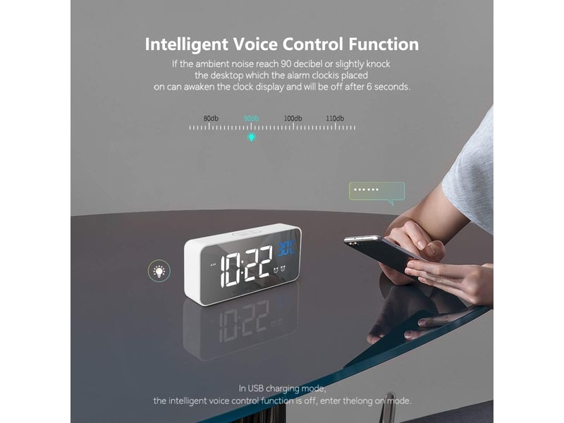  Réveil numérique avec grand affichage de la température led, alarme de miroir portable avec double alarme roupillon temps gradateur(blanc)  - Conforama D
