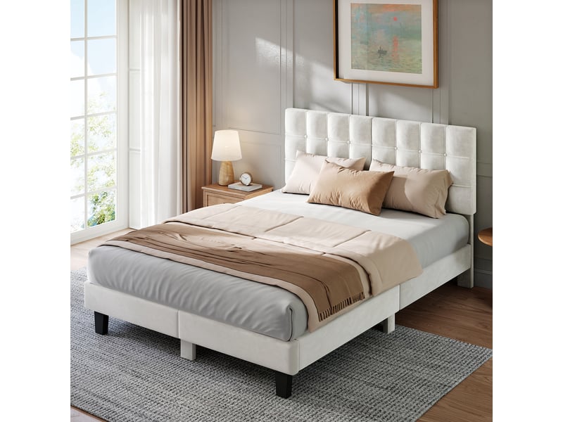 Lit 140x190 havenlyhome – capitonné velours beige – tête de lit + sommier à lattes inclus – double adulte  - Conforama R