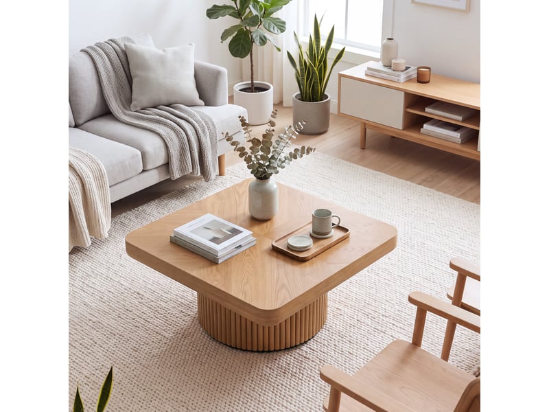  Table basse carrée à plateau façon parquet et pied central bois naturel 78 × 78 × 38 cm IKSETERA TRADING LTD - Conforama E