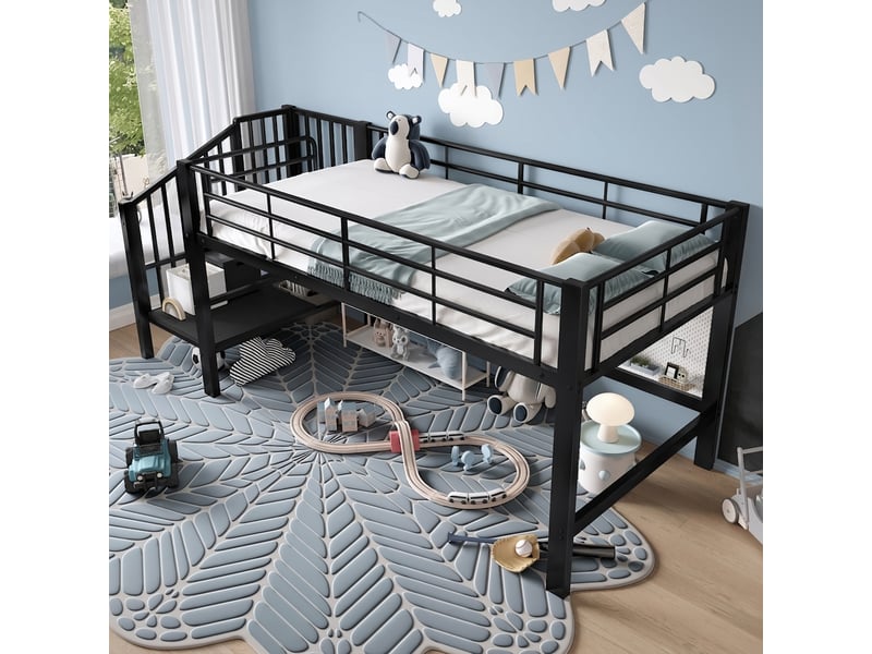  Lit mezzanine 90x200 lit enfant mi-hauteur avec escalier de rangement métal noir  - Conforama C