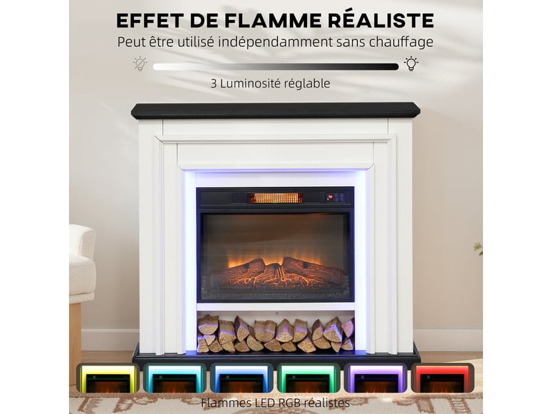  Cheminée électrique 1800w, fausse cheminée décorative lumières led rgb, effet flamme, manteau, 105 x 27 x 97 cm, noir  - Conforama D