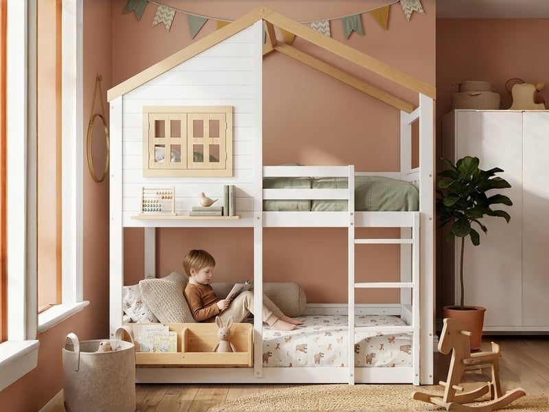  Lit superposé en bois 90x200 cm, forme maison, blanc et naturel, avec échelle, fenêtre, étagère et barrières de sécurité  - Conforama B