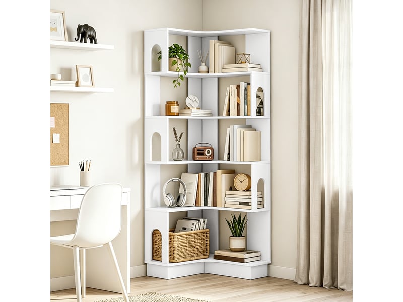  Bibliothèque d'angle, étagère de rangement à 6 niveaux avec panneaux latéraux arqués, 60 x 60 x 165,5 cm, blanc  - Conforama D