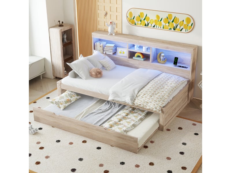  Lit gigogne 90x200 cm, avec rangement latéral et led, en bois, naturel, sans matelas  - Conforama C