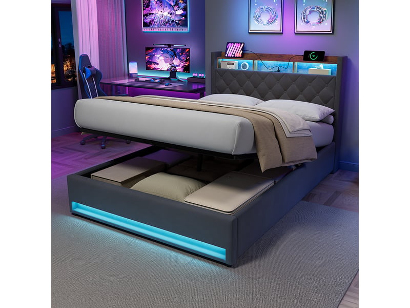  Lit rembourré en velours gris foncé 140 x 190 cm  - Conforama D