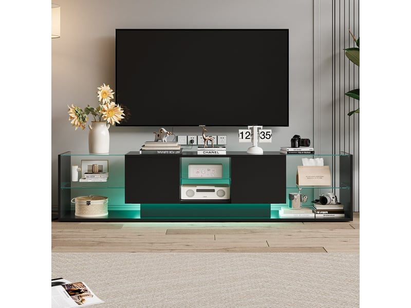 Meuble tv led 200x35x45cm - design nordique avec rangement verre trempé et télécommande app - noir brillant - Conforama B