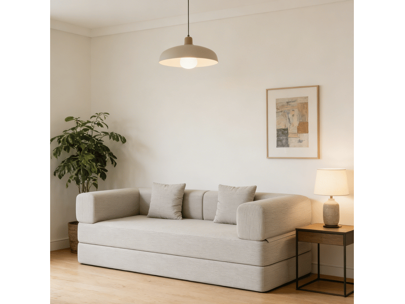  Canapé convertible 3 places pliable avec accoudoirs repositionnables et coussins en velours côtelé blanc cassé  - Conforama D