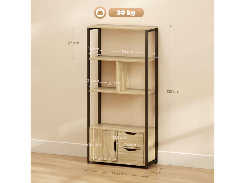  Bibliothèque style industriel 3 étagères placard porte 2 tiroirs 58 x 24 x 122 cm effet bois naturel acier noir  - Conforama E