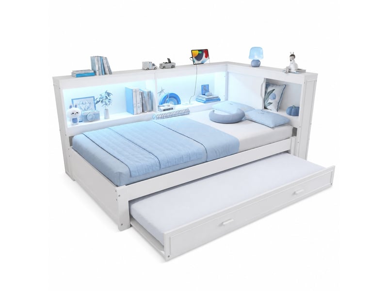 Lit gigogne 90x200 cm avec éclairage led et ports de charge en pin blanc - Conforama A
