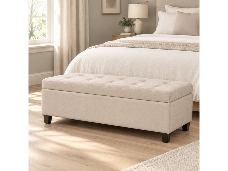  Banc de rangement 125 x 49 x 41,5 cm beige en polyester, assise rembourrée avec couvercle et pieds en bois  - Conforama D