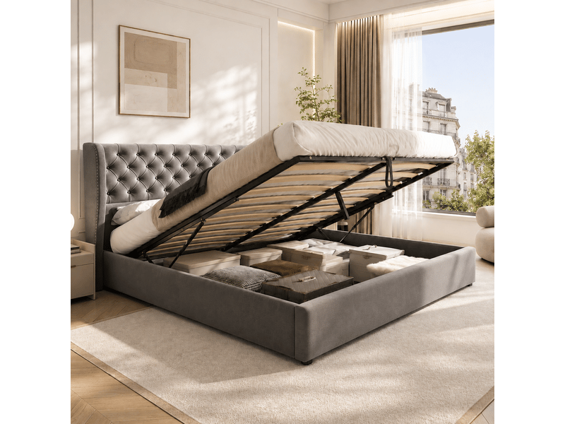  Lit coffre rembourré 160 x 200 cm en velours gris, tête de lit à oreilles capitonnée, sommier à lattes 3068034AAH - Conforama B