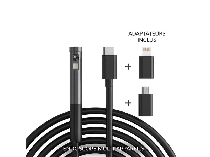 Caméra endoscope wifi hd 1080p double objectif étanche ip67 – caméra d'inspection 2.0 mp pour smartphone ios et android avec câble semi-rigide 1m, usb-c et adaptateurs lightningmicro-usb – noir - Conforama E