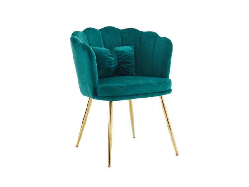 Lot de 4 chaises de salon, chaise rembourrée avec dossier en pétale, pieds en métal plaqué or et coussin papillon, vert, en velours  - Conforama E