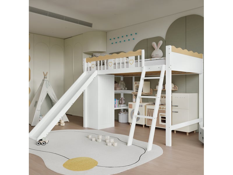  Lit mezzanine 90x200 cm avec toboggan et rangements en bois et mdf blanc et naturel  - Conforama D