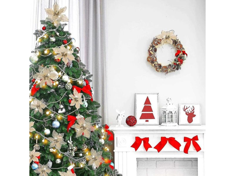  Poinsettias pailletés de noël, fleurs artificielles pailletées pour mariage, nouvel an, noël, espagne, décoration  - Conforama D