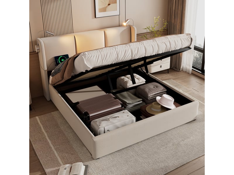  Lit coffre 180x200 cm, lit double, rangement hydraulique, led, port usb, lin beige  - Conforama A