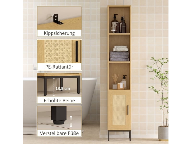  Meuble de salle de bain haut 30 x 30 cm en bois clair, 3 niches et porte effet résine tressée, style boho  - Conforama C