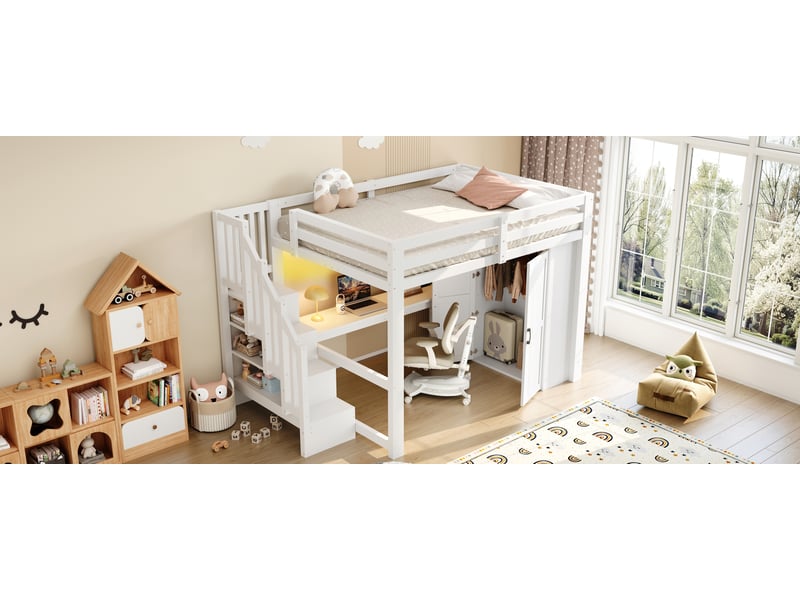  Lit mezzanine 140x200 cm avec bureau et étagère, armoire, lit enfant a escalier avec rangements, blanc, ports usb et éclairage led  - Conforama W