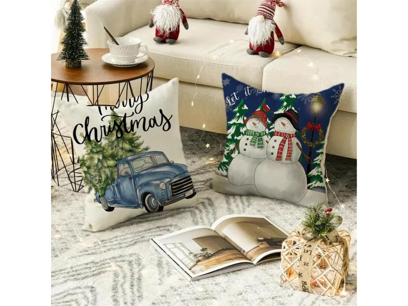  Housses de coussin de noël décoratives, 45 x 45 cm, lot de 4, pour canapé et chambre à coucher, bleu  - Conforama C