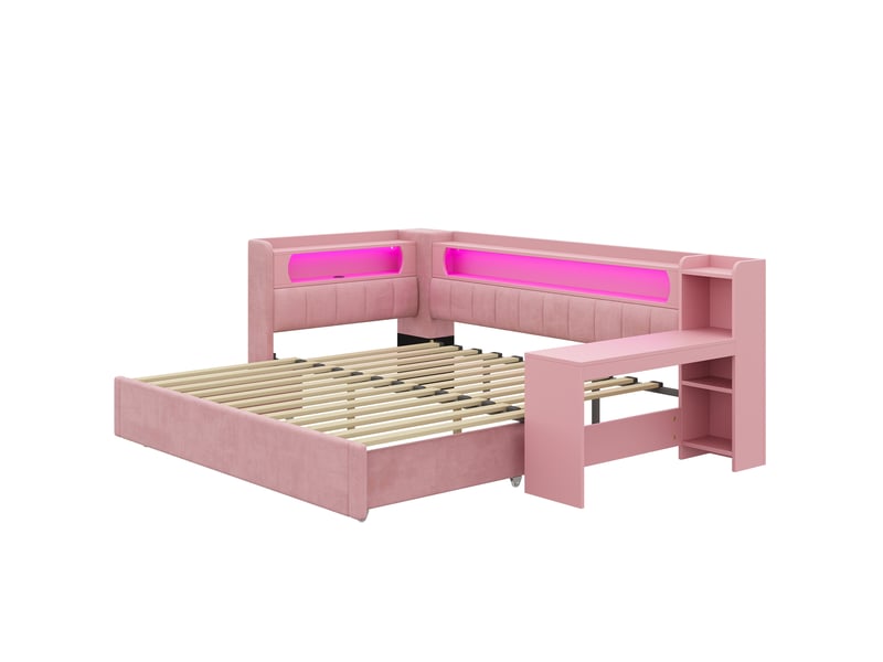 Lit gigogne extensible 90/180x200 cm avec bureau, led 7 couleurs, ports usb, tissu lin rose, sans matelas - Conforama A