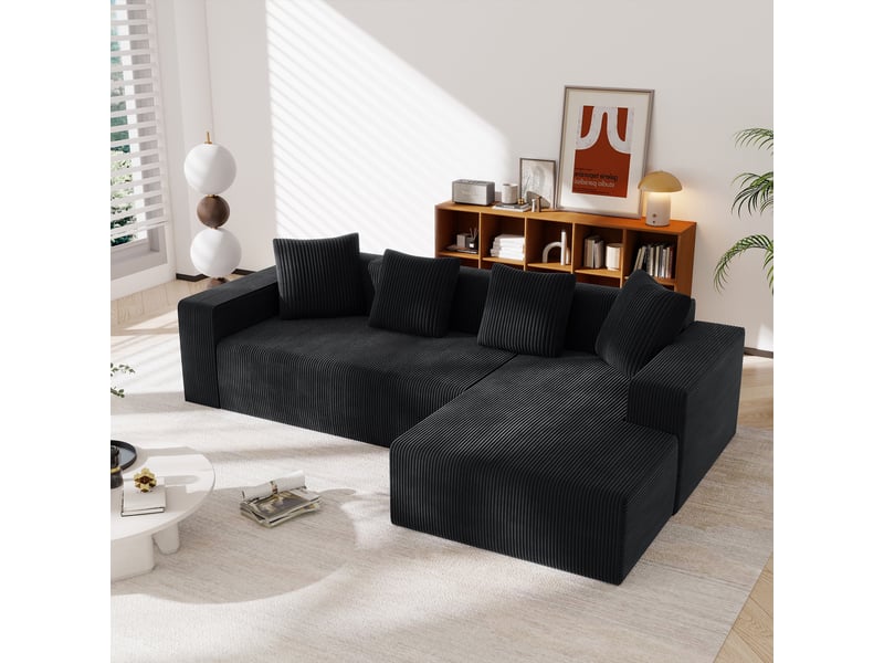  Canapé modulable noir 3 places velours côtelé - assise profonde 70cm - canapé d'angle avec méridienne  - Conforama R