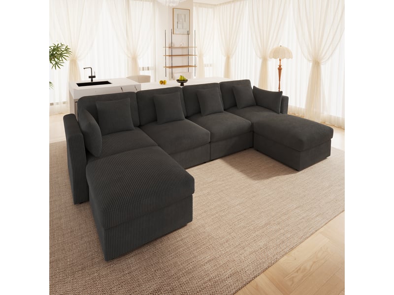  Canapé d’angle modulable 6 places en velours côtelé gris, canapé en u avec poufs et accoudoirs réglables pour salon  - Conforama R