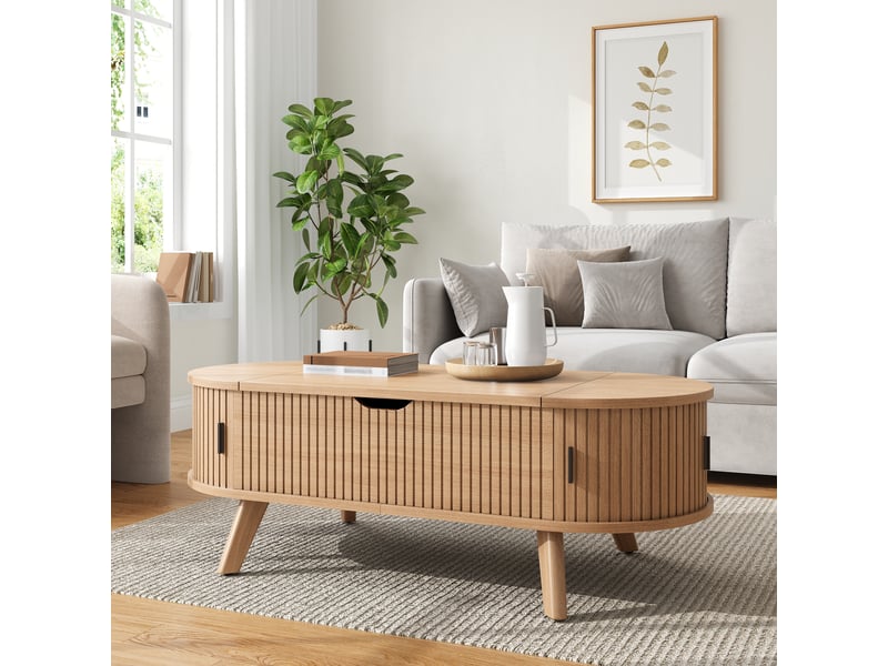 Table basse ovale relevable avec rangement caché, table de salon multifonction design vintage, plateau mdf effet bois, pieds en bois, noyer - Conforama E