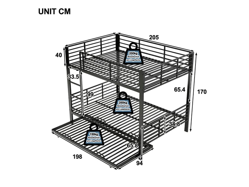  Lit superposé gigogne 140x200 cm, garde-corps anti-chute, échelle,  métal noir, sans matelas  - Conforama C