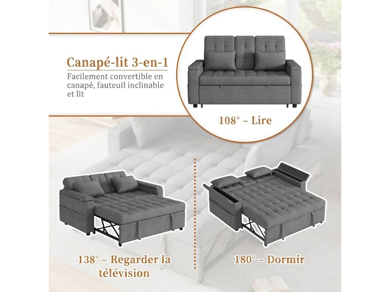  Canapé convertible 2 places avec rangement, dossier inclinable 3 positions, gris  - Conforama D