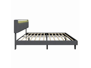 Lit 160x200cm - lit double 160x200cm - lit rembourré en tissu avec tête de lit à étagère, led, usb et prise de charge - gris