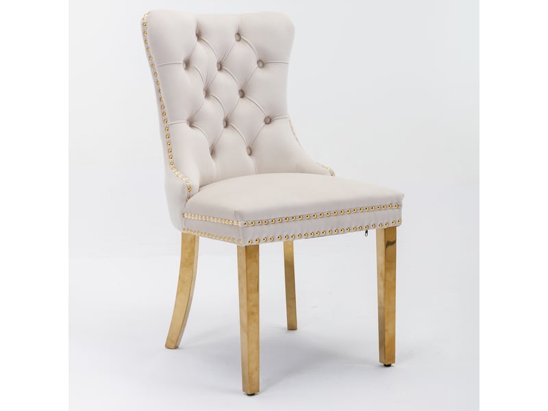  Lot de 2 chaises de salle à manger en velours beige, dossier haut capitonné, clous décoratifs, pieds finition dorée, structure en bois massif  - Conforama A