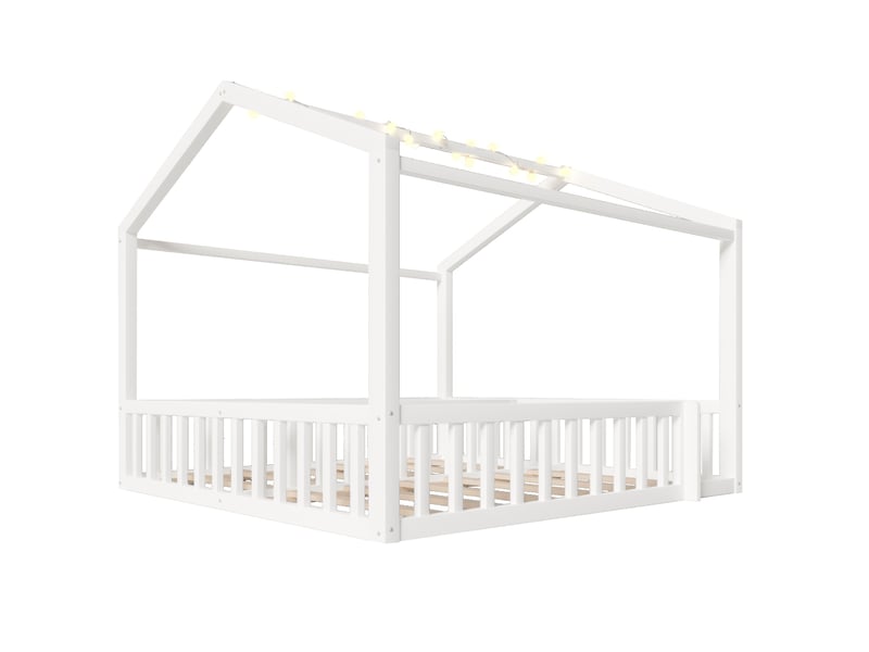  Lit cabane 90x190 cm, forme cabane avec barrières, modulable, en bois, blanc, sans matelas  - Conforama D
