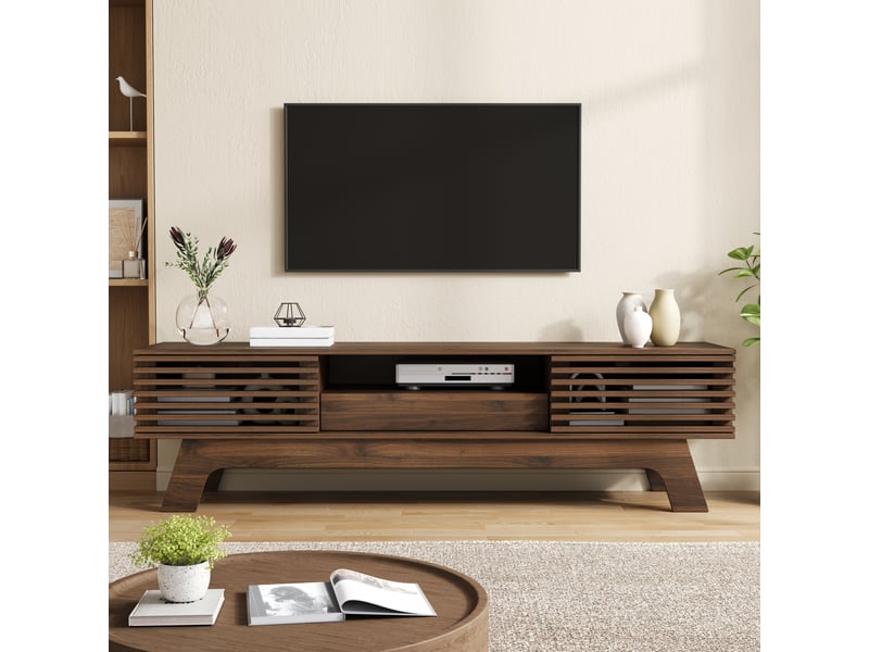  Meuble tv 150x35x44 cm - meuble bas en mdf avec portes à lattes, tiroir, passe-câbles et espace de rangement pour salon  - Conforama D