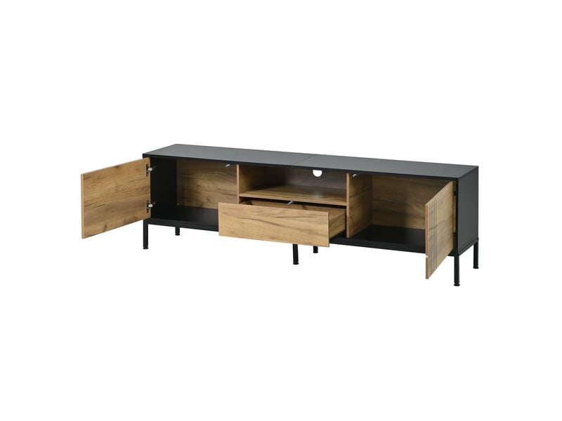  Meuble tv 170x35x50 cm, meuble tv bas pour salon support télévision jusqu'à 70 pouces, avec 2 portes 1 tiroir et compartiment ouvert, chêne et noir  - Conforama D