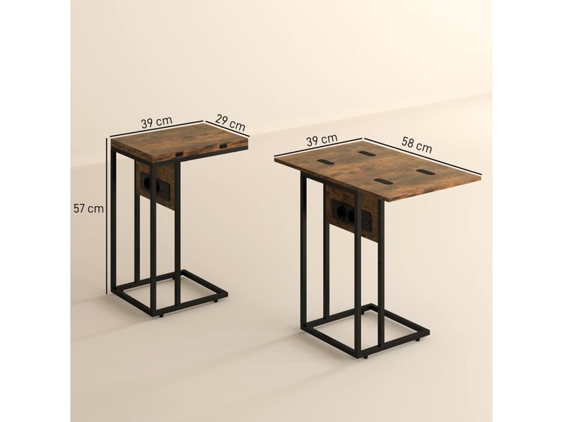  Table d'appoint extensible pliable marron avec station de charge usb, structure métal, idéale près du canapé  - Conforama C