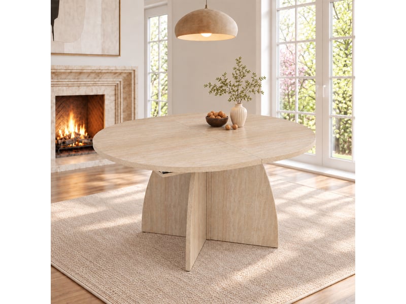 Table extensible 120 à 180x90 cm pour 6 à 8 personnes, table à manger moderne avec plateau de 18 mm et angles arrondis, effet travertin Seren Glow - Conforama E