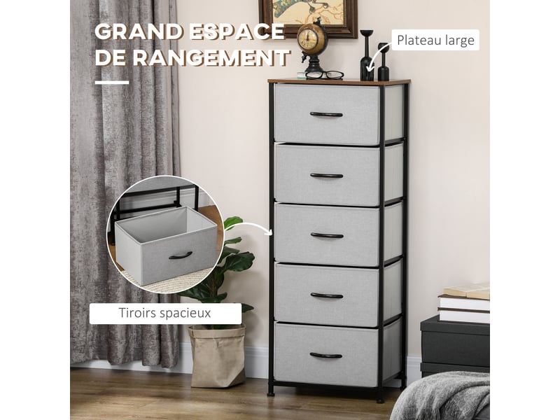  Commode 5 tiroirs meuble de rangement tiroir en tissu pliant - structure acier noir - 45 x 30 x 116 cm gris  - Conforama D