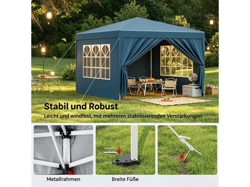  Tonnelle pliante de jardin 300x300 cm – bleue – toit anti-uv, parois latérales et sac de transport  - Conforama E