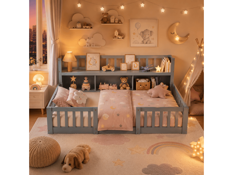 Lit enfant 90x200 avec sommier et bibliotheque, lit au sol avec rangement étagère et barrière de sécurité, lit montessori, 1 place - Conforama B