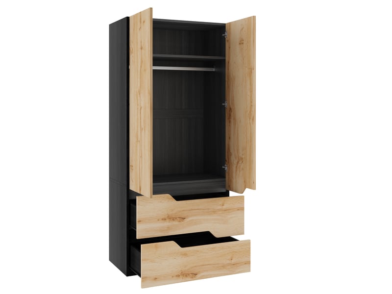 Armoire de chambre 2 portes avec penderie et 2 tiroirs 90x50x200 cm chêne et noir - Conforama R