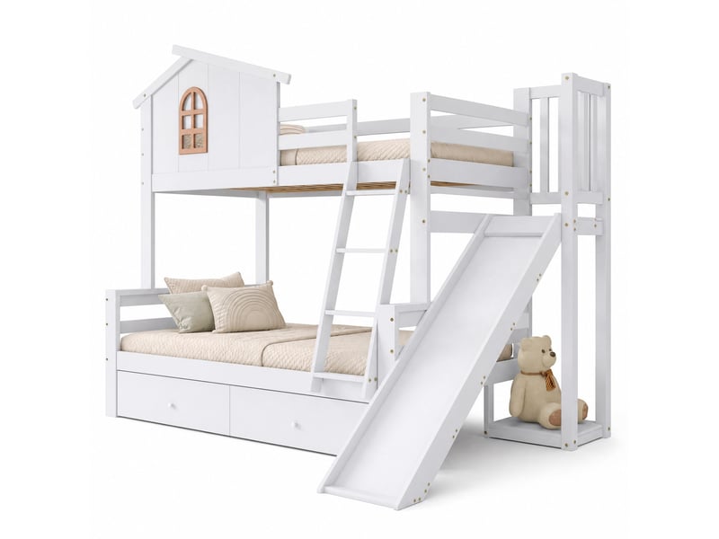  Lit superposé en bois et mdf, lit 2 couchages avec toboggan, 2 tiroirs et échelle, 90x200 et 120x200 cm, sans matelas  - Conforama A