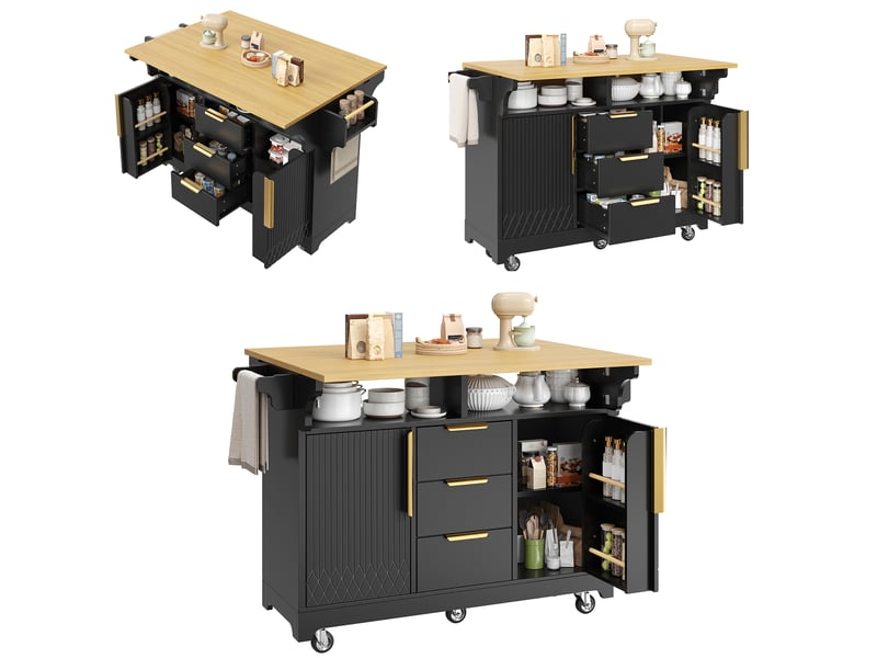Îlot de cuisine mobile sur roulettes avec plateau extensible rabattable 120-197 cm – 3 tiroirs, rangement intégré et porte-serviettes, design rainuré - noir - Conforama A